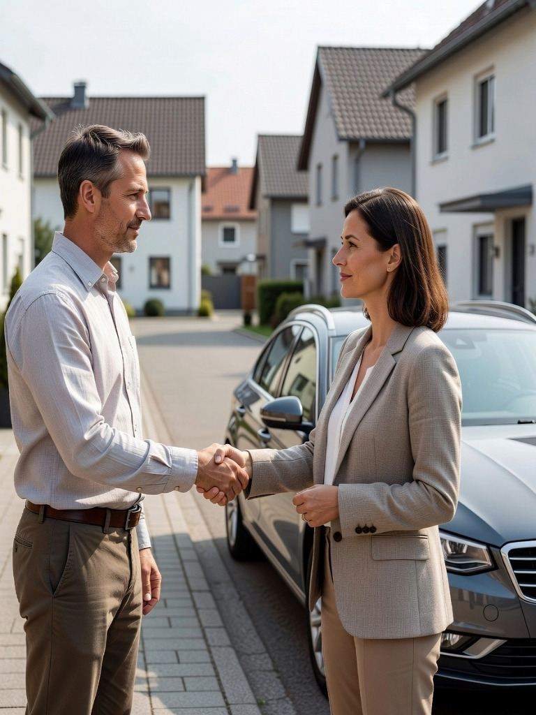 seriöser und geprüfter Autoankäufer mitten beim Vertragsabschluss in einer Wohngegend in Rhede